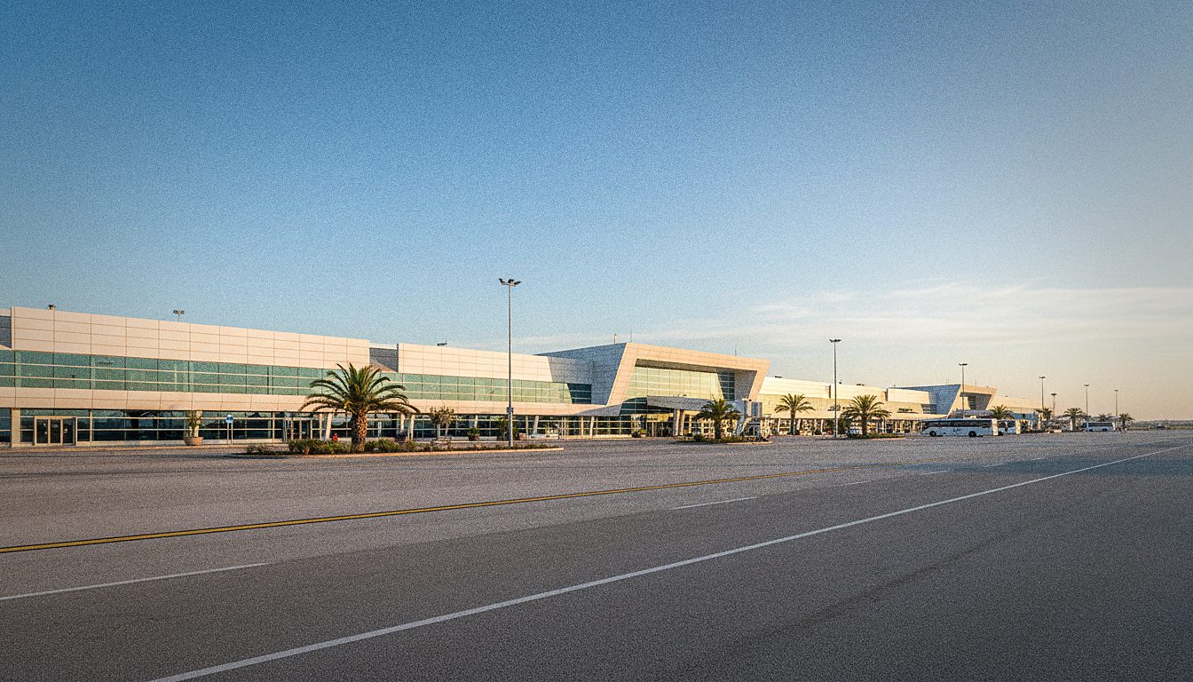 Faro Airport passenger terminal exterior in warm morning light